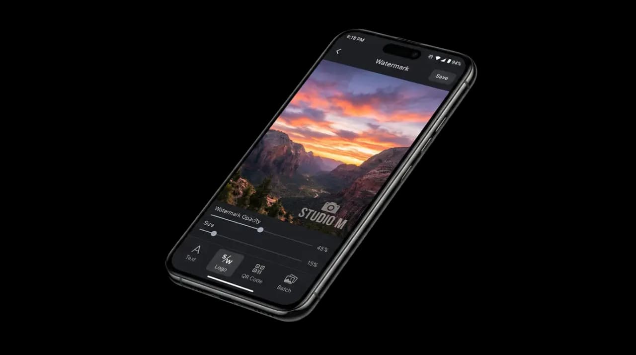 Watermark Maker app showing a photo with a custom logo watermark applied